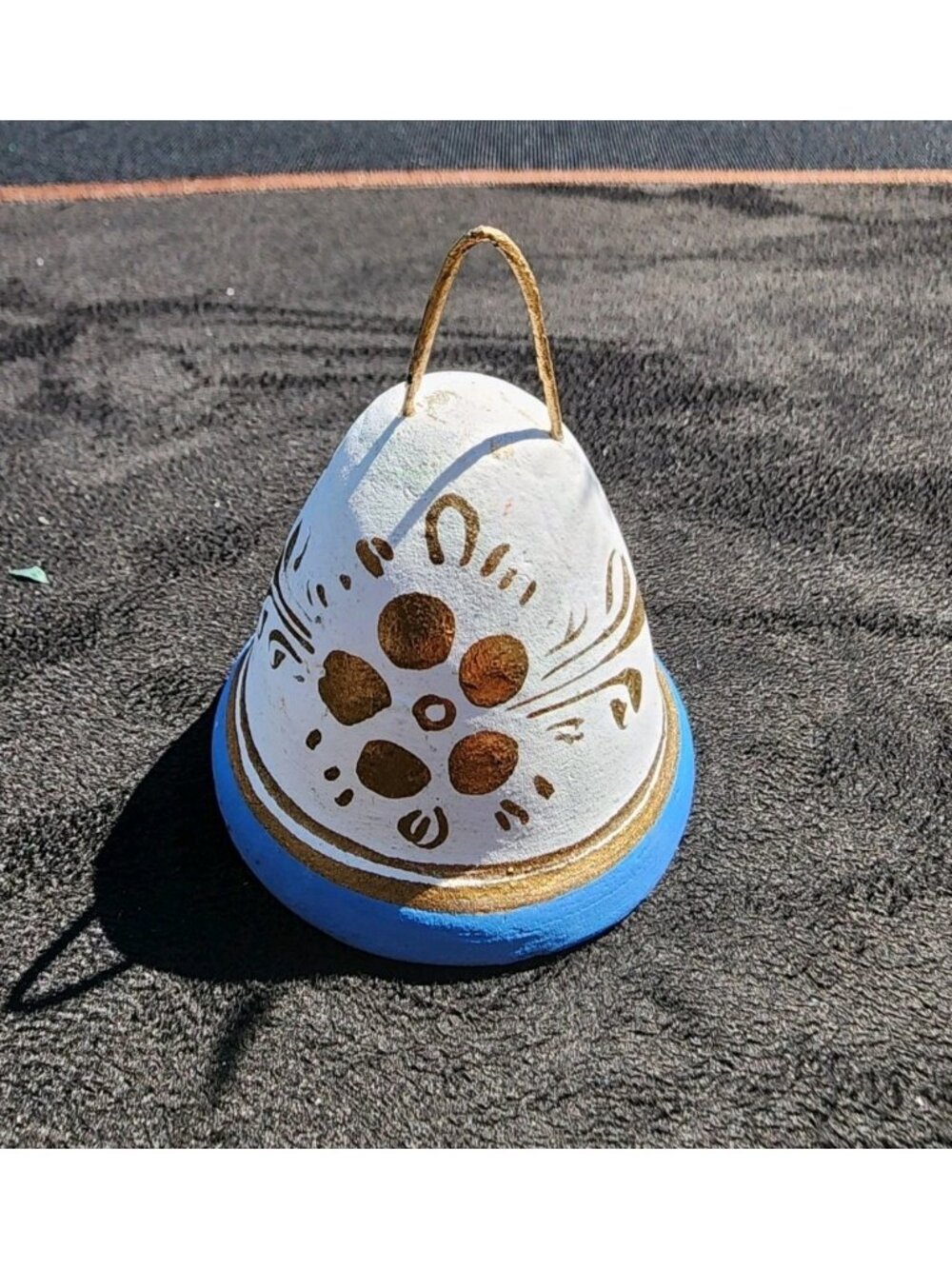Tonala Folk Art Ceramic Hand Painted Bell Flowers Pottery Bell Mexico White Blue